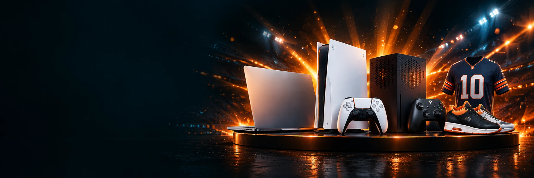 Illustrative laptop, game consoles, controllers, sneakers, and jersey prize collection