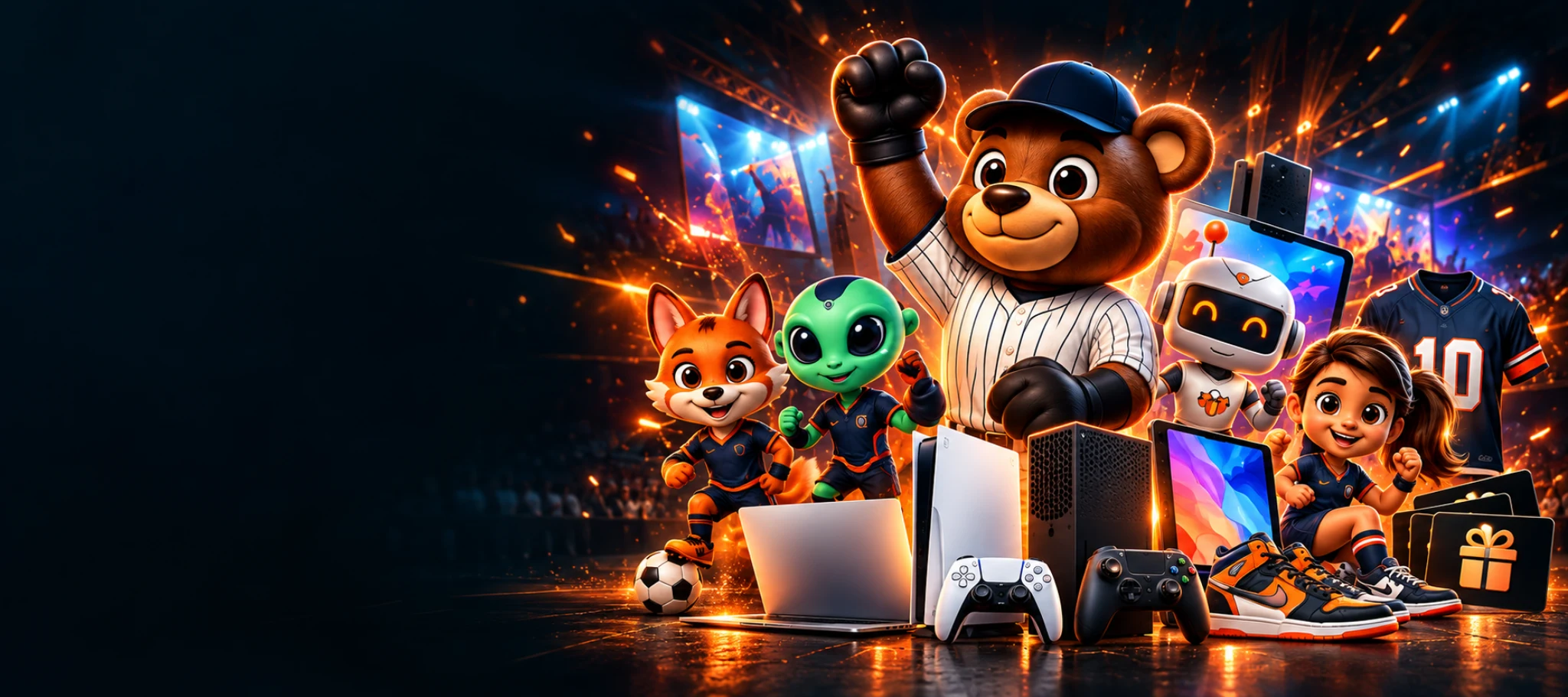 Bear, fox, alien, girl athlete, and robot mascots celebrating with sports and gaming rewards