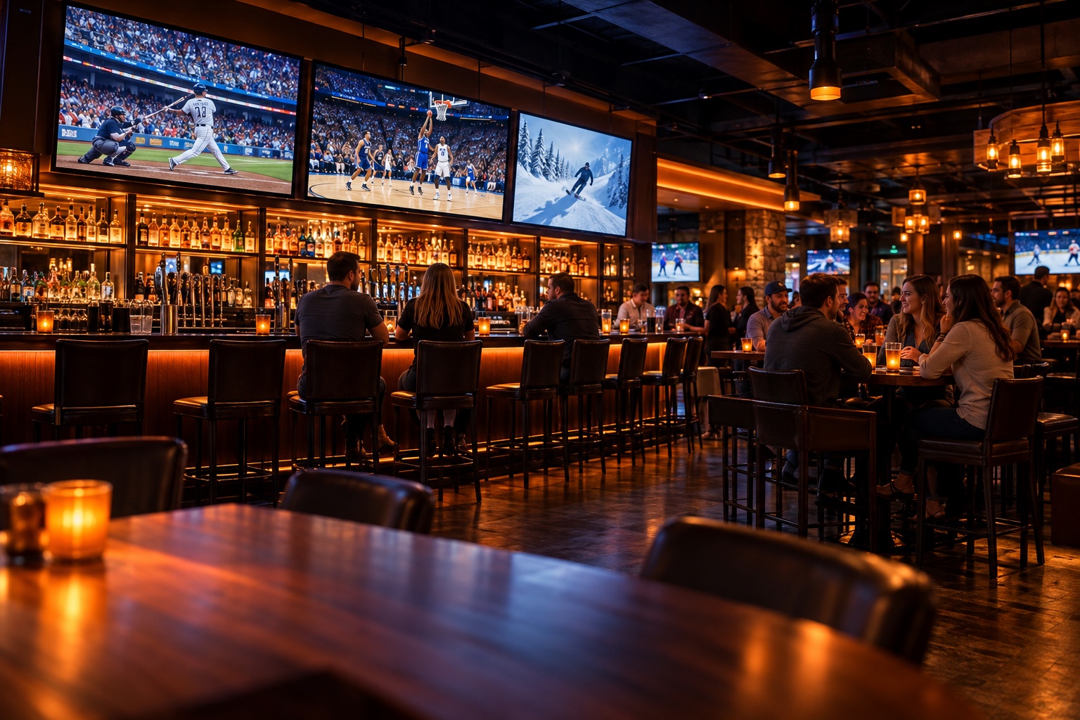 Illustrative neighborhood sports bar with game screens and warm orange lighting