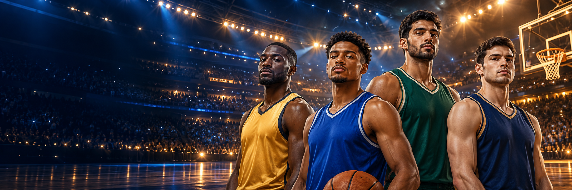 Four fictional professional basketball athletes in an illuminated arena