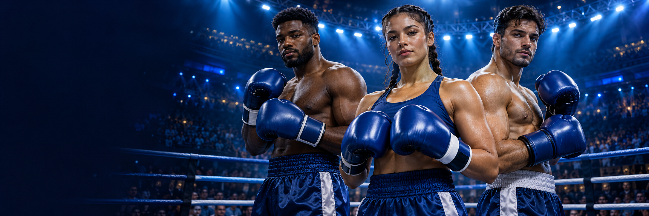 Fictional professional athletes in an illuminated sporting arena